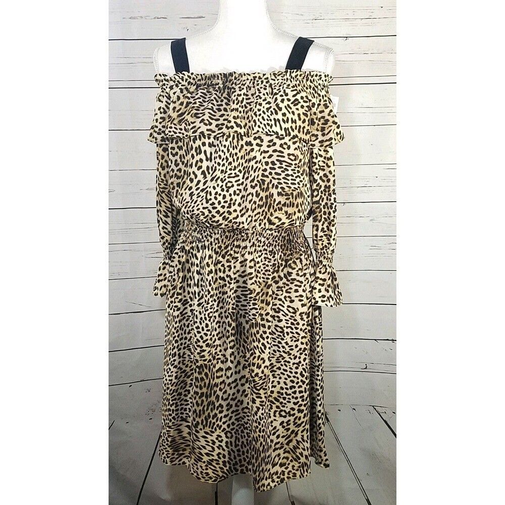 Libby Edelman Womens Leopard Print Off Shoulder Boho Festival Swing Dress NWT M